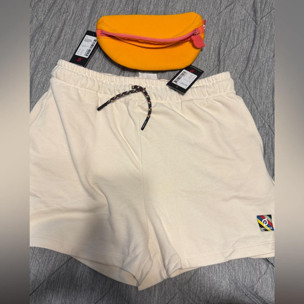 Peloton Cream Athletic Shorts with Elastic Waistband with Peloton Fanny pack